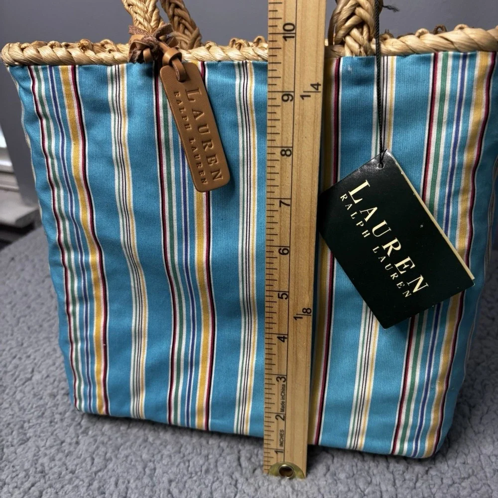 Lauren Ralph Lauren Tote Bag Blue Striped Fabric Straw Handle Vacation Beach